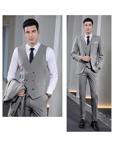 Wangyue Slim Fit Suits For Men Grey 3 Pieces Suits Double Breasted Vest Suits Size M For Wedding 40 #TOP2