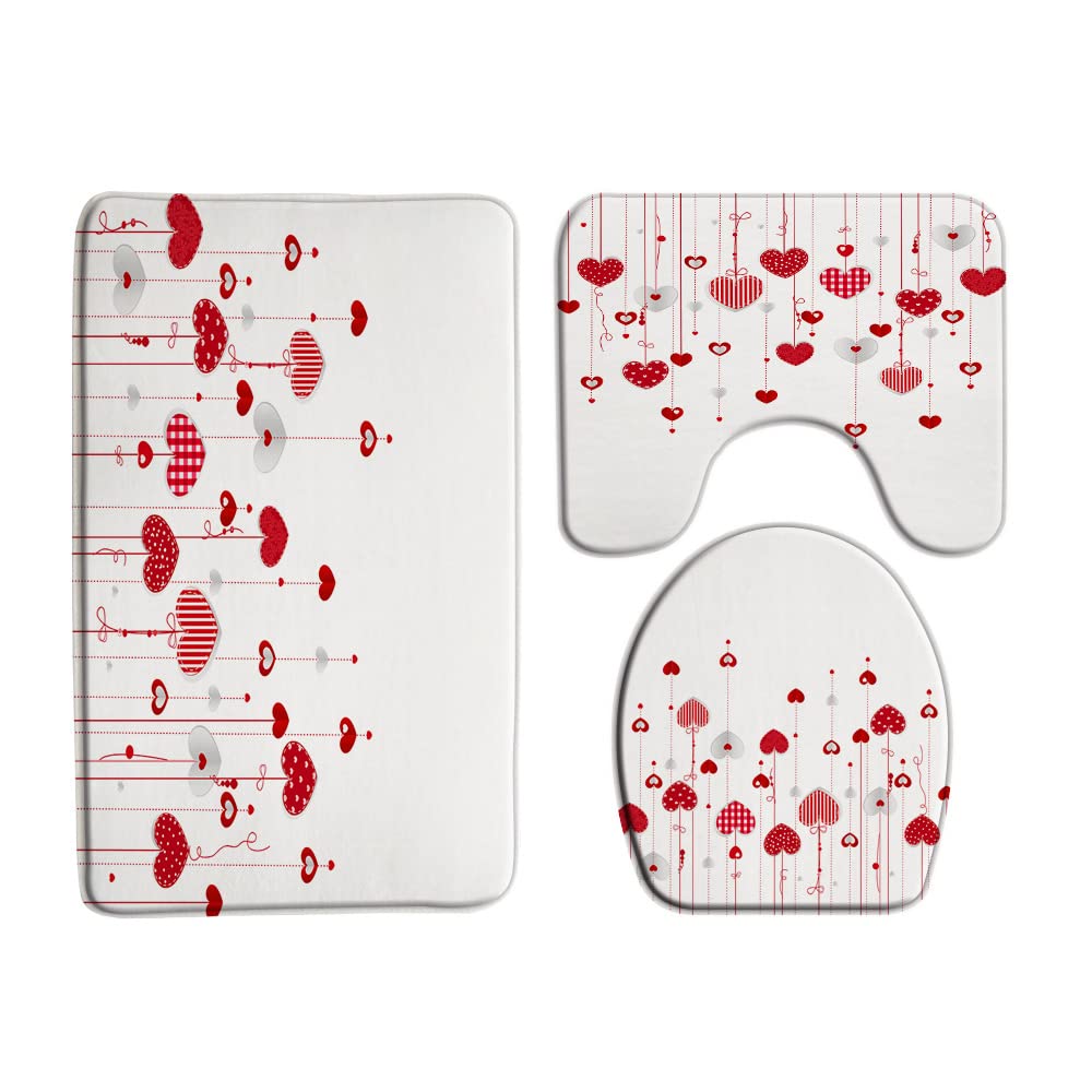VPUPCN Valentine's Day 3 Pcs Bath Rugs Set,Red Heart Sweet Love Romantic Couple Lover Modern Creative Bathroom Kitchen Rug with 17.8