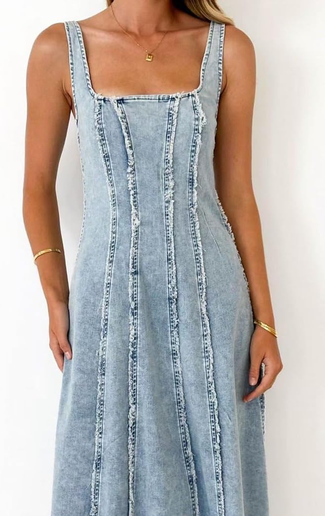chouyatou Women's Adjustable Spaghetti Strap Maxi Long Denim Dress A-Line Swing Distressed Jean Sun Dress - Image 7
