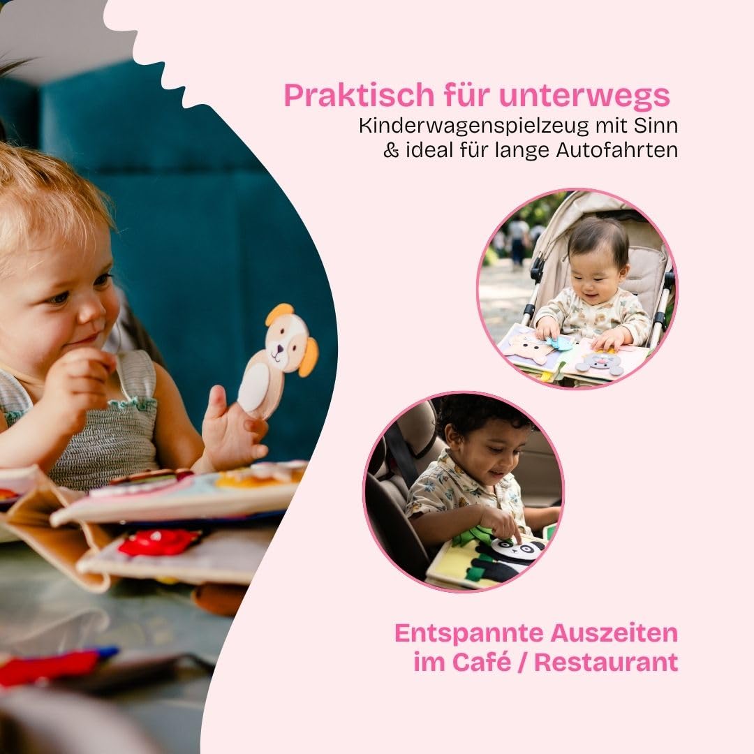 Jolly Designs – Tierfreunde - 6 Seiten Mini Quiet Book – Montessori Spielzeug ab 4 Monaten – Motorik & Sensorik fördern – Handgefertigtes Filzbuch – Lernspielzeug für Kleinkinder – Busy Book