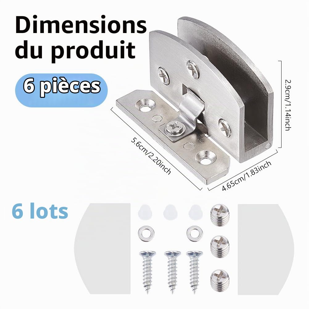 DICOSMETIC Lot de 6 charnières de porte en verre sans perçage - En alliage de zinc - Sans cadre - Adaptable - Platine - Pour armoire, vitrine - 46,5 x 56 x 29 mm