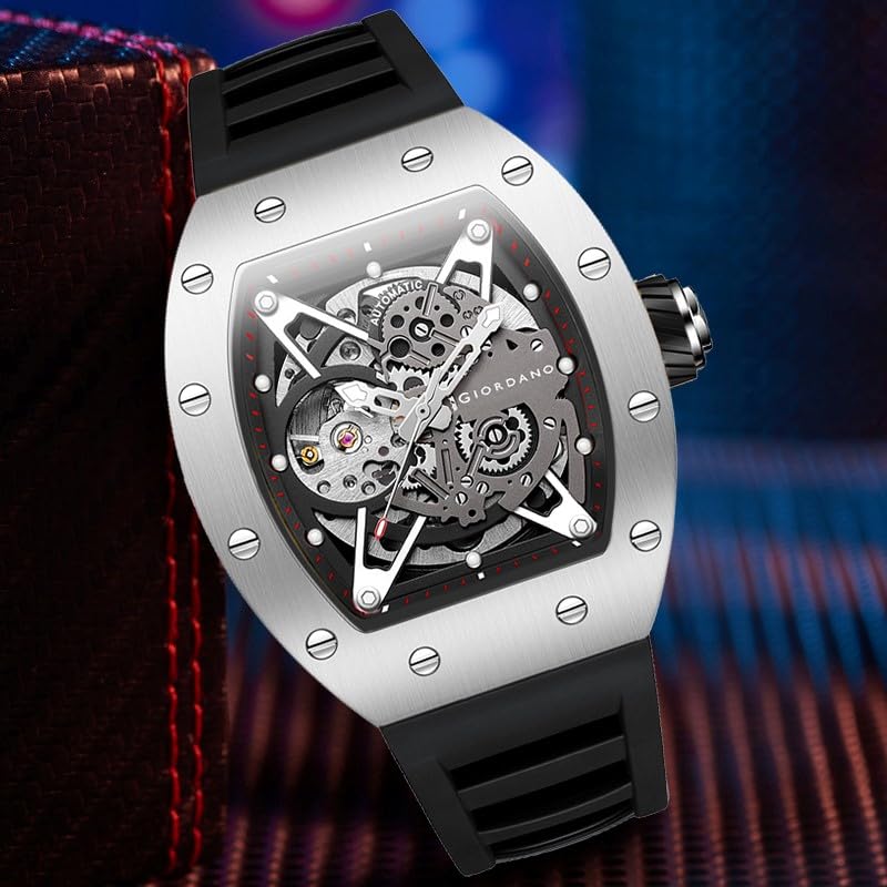 Image of Giordano Automatic Wrist Watch for Men - Open Skeleton Dial | Brushed Steel Case Mechanical Movement with Silicone Strap