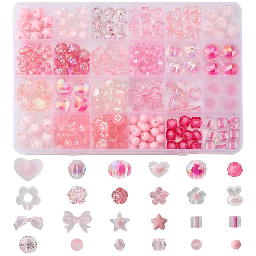 CHGCRAFT 279Pcs 24Style Pink Acrylic Beads Assorted Beads Transparent Mixed Shape Cute Adorable Heart Flower Letters Smile Bead Bulk Set for Jwelry
