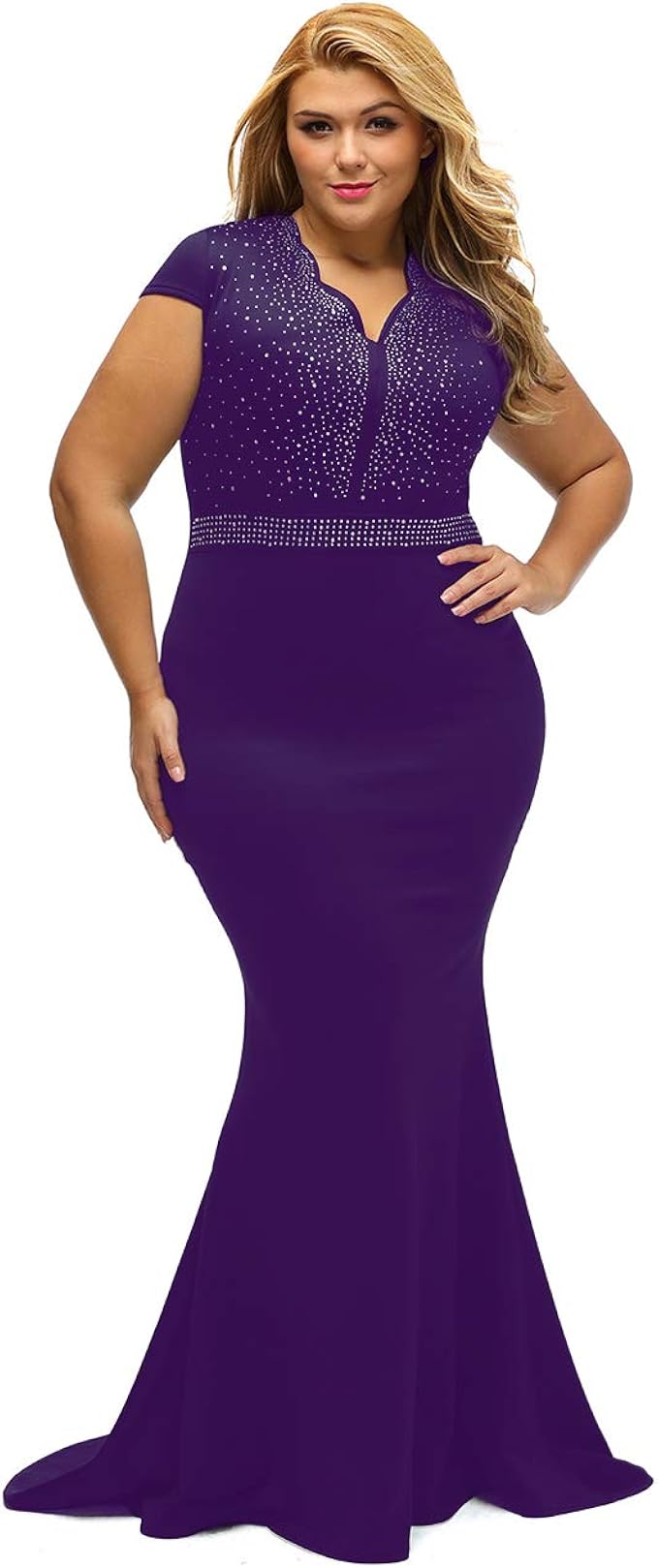 LALAGEN Women's Short Sleeve Rhinestone Plus Size Long Cocktail Evening Dress Purple
