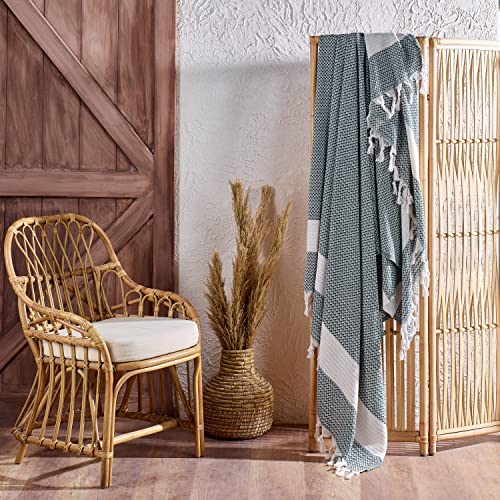 Aegean Concept Blanket, Vintage Boho Rustic 100% Cotton Super Soft 90"X102" (230 Cm X 260 Cm) King Size,Adult Turkish Muslin Light, Cozy Couch Bedcover King Blankets, (Dark Green) #TOP3
