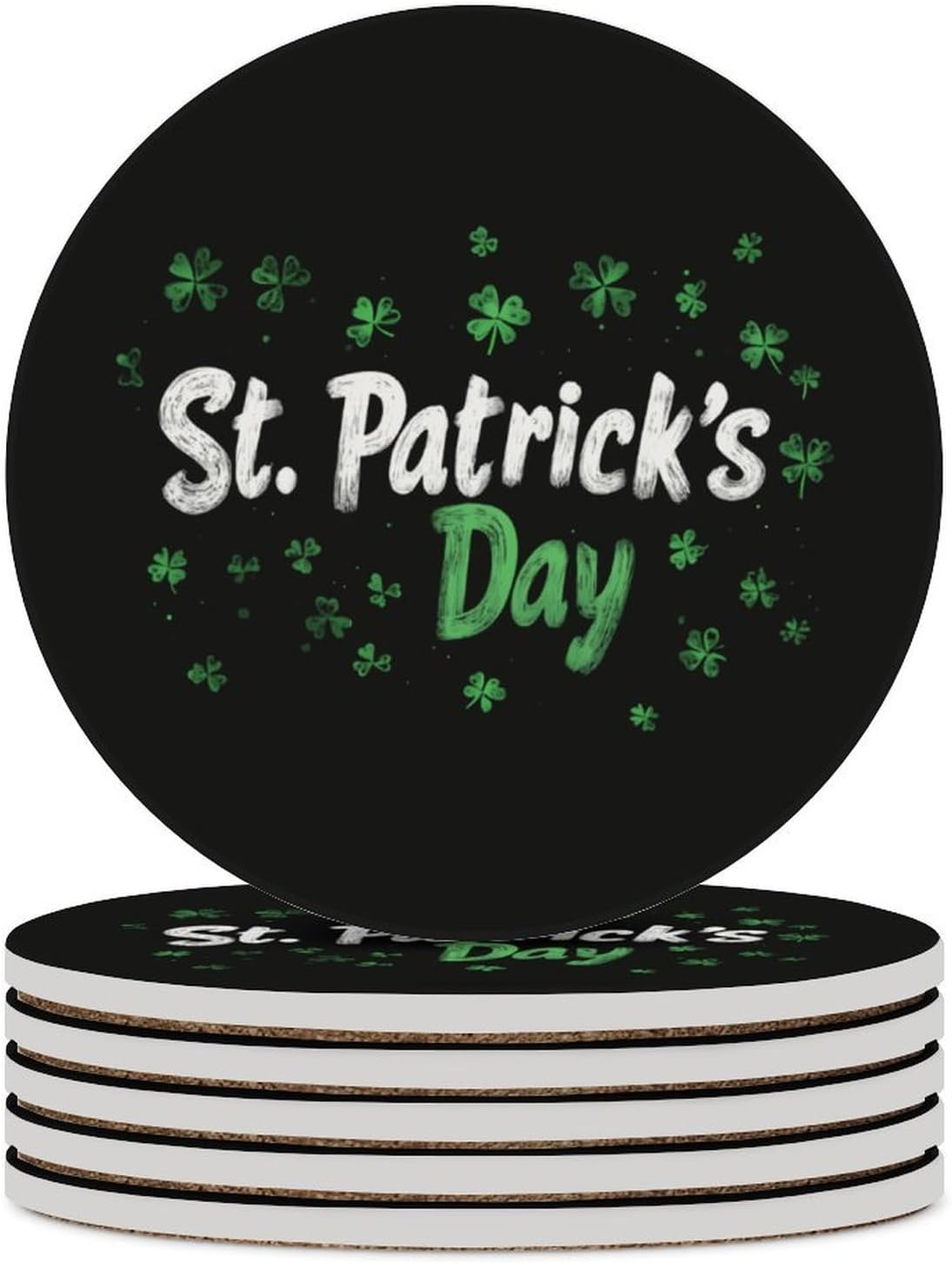 St Shamrocks Patricks Day Round Ceramic Coasters Print Drinks Absorbent with Cork Base for Home Decor Gifts 4 Inch