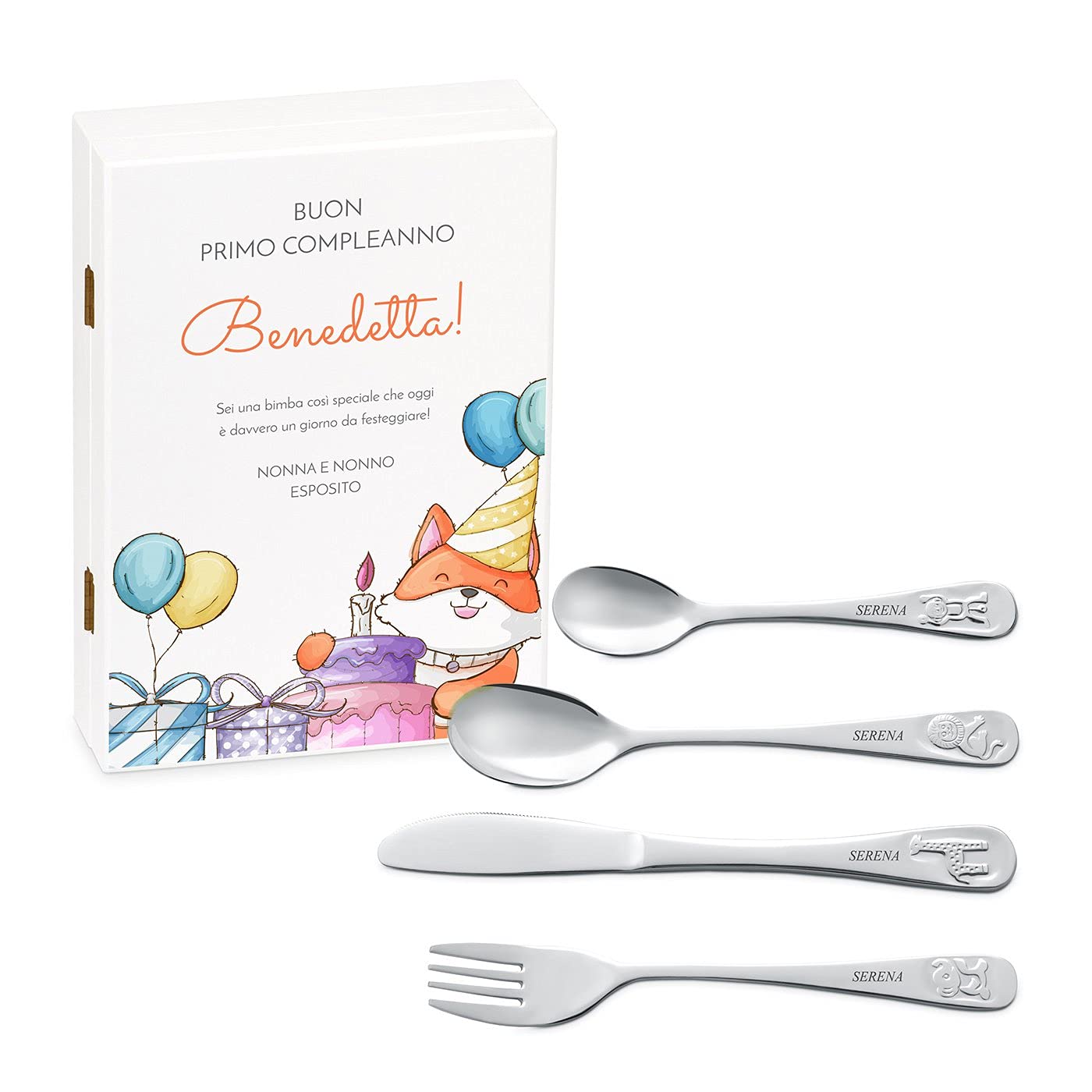 Maverton Set di 4 posate per bambini con incisione + scatola in legno con stampa personalizzata - motivo animali - idee regalo per battesimo bimba - palloncini