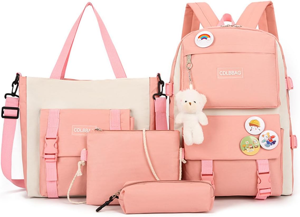 URbazaarkids bags Toddler Backpack School Bags For Girls, 4Pcs Cute Backpack Set with Pendant Lunch Bag, Pencil Case, Handbag, Coin Purse for Teen Girls School Backpack (Pink)