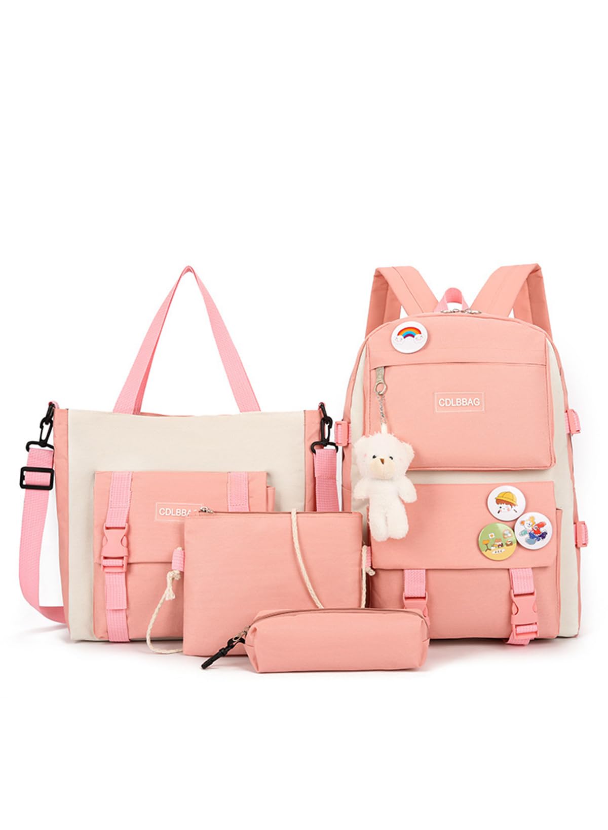 URbazaarkids bags Toddler Backpack School Bags For Girls, 4Pcs Cute Backpack Set with Pendant Lunch Bag, Pencil Case, Handbag, Coin Purse for Teen Girls School Backpack (Pink)