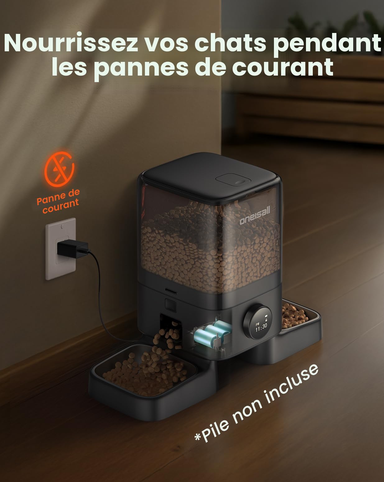oneisall Distributeur Croquettes Automatique pour 2 Chats 5L, Distributeur Automatique de Nourriture pour Chats avec 2 Bols Distributeur Croquettes Chien en Acier Inoxydable 304, 1-6 Repas par Jour