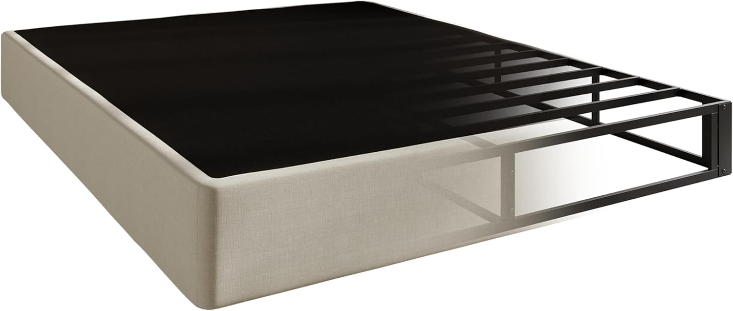 HOME DESIGN Warren 8 Inch King Metal Box Spring – Heavy-Duty Steel Mattress Foundation, Fast Assembly – Warm Gray/Black Linen Upholstered, Quiet & Supportive Design