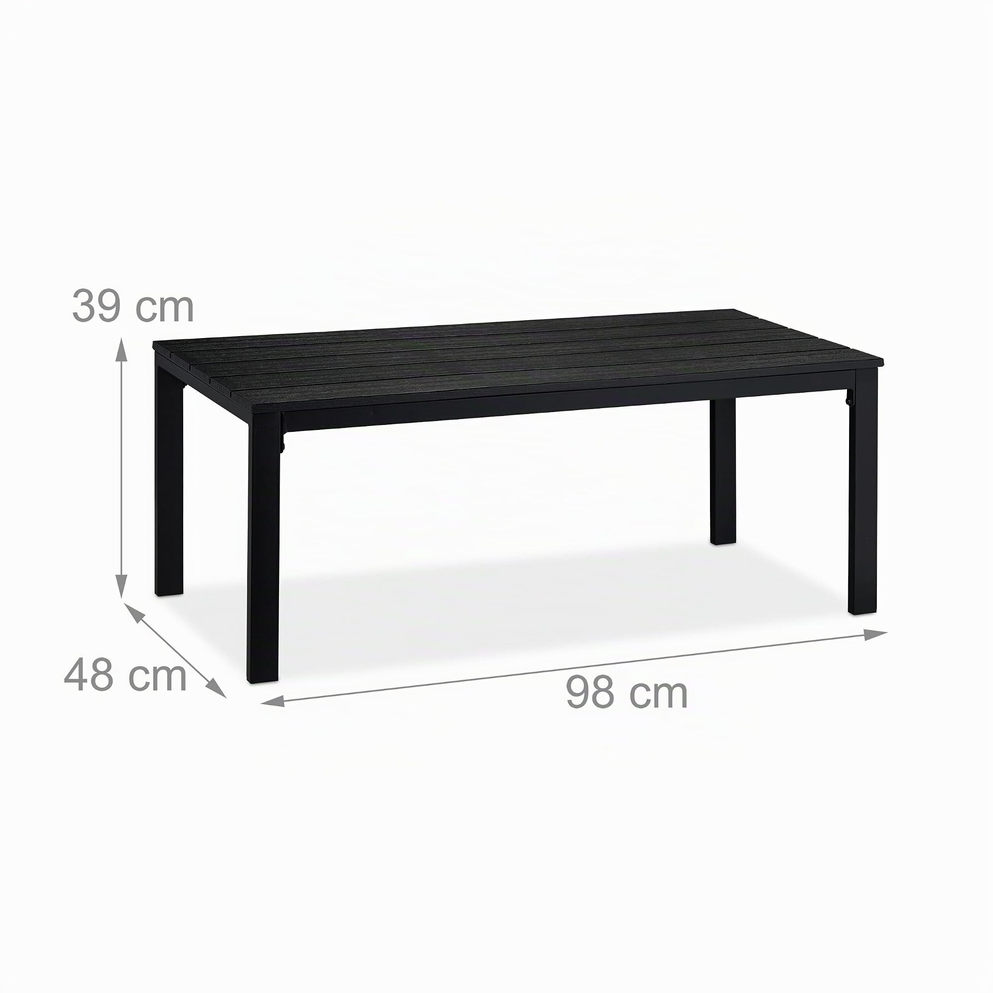Relaxdays Tavolino da Giardino, 39 x 98 x 48 cm, Tavolo per Balcone e Terrazza, Aspetto Legno, Plastica e Acciaio, Nero