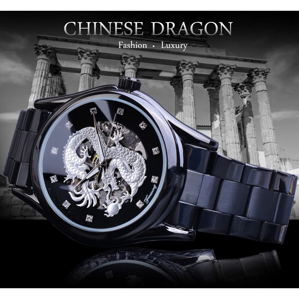 Forsining Herrenuhren, modische mechanische automatische Armbanduhr für Herren, luxuriös, Diamant, Skelett, Drachen-Design, wasserdicht, Edelstahl, schwarz/silberfarben