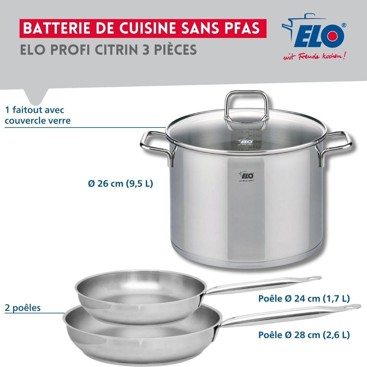Elo Batterie de cuisine 2 poêles 24/28 cm et 1 faitout 26 cm