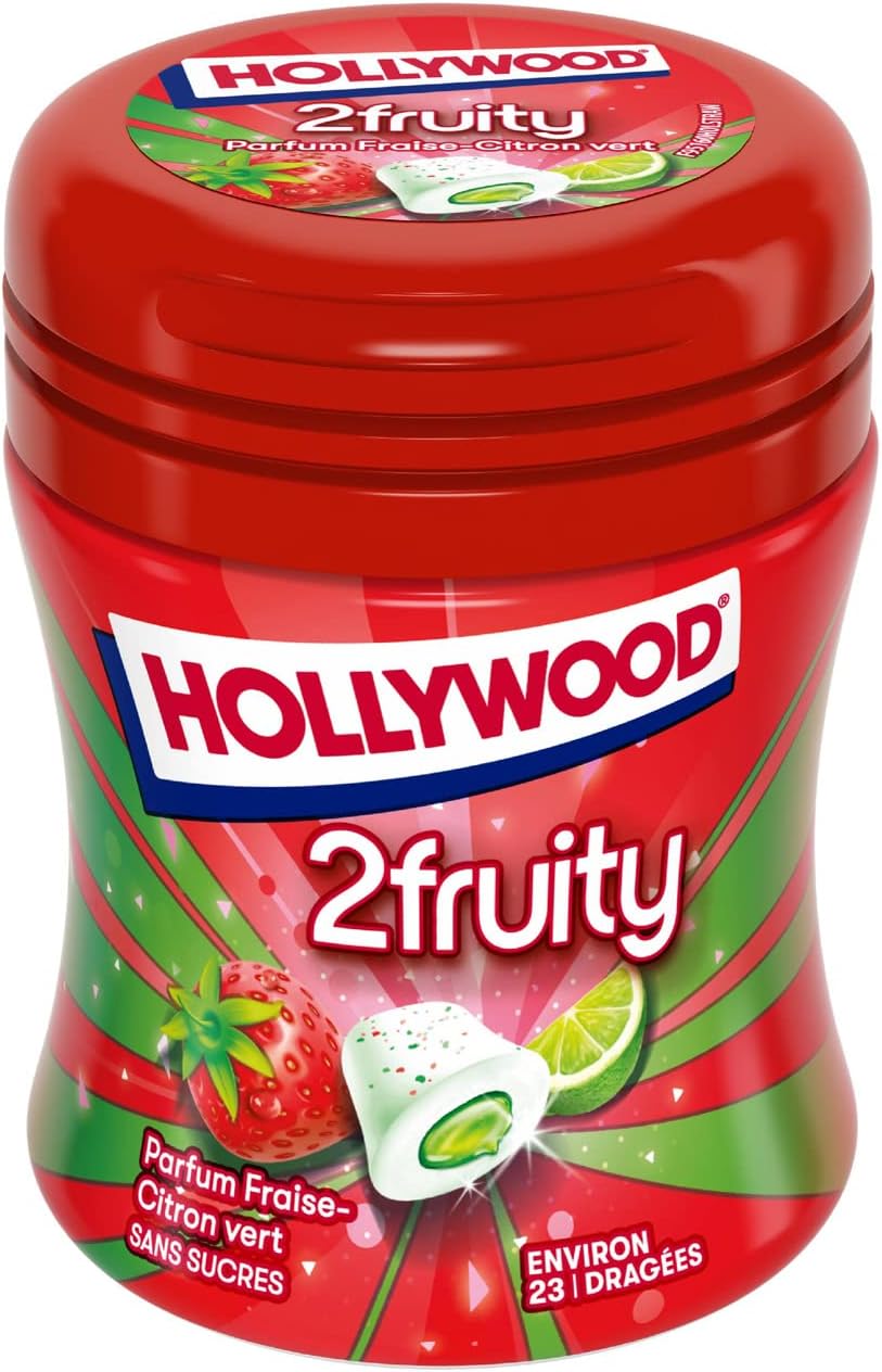 Hollywood Chewing Gum Bottle 2 Fruity Parfum Fraise Citron Sans Sucres avec Édulcorants