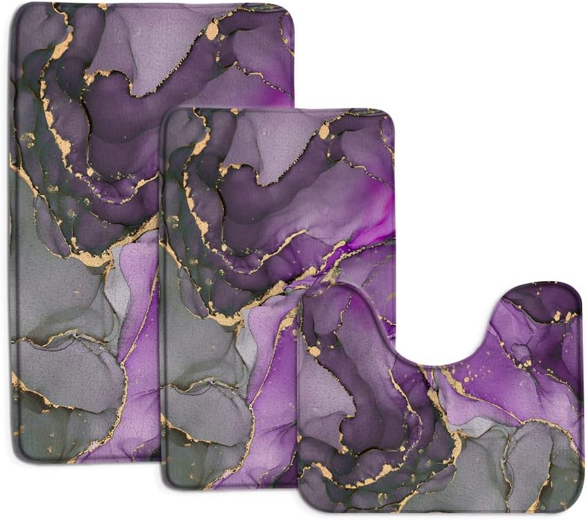 3 Piece Blue Turquoise Pink Marble Bath Mat Sets Abstract Modern Texture Gold Stripes Ombre Luxury Watercolor Geometric Ink Art Bathroom Doormat Rugs, U-Shaped Floor Mat