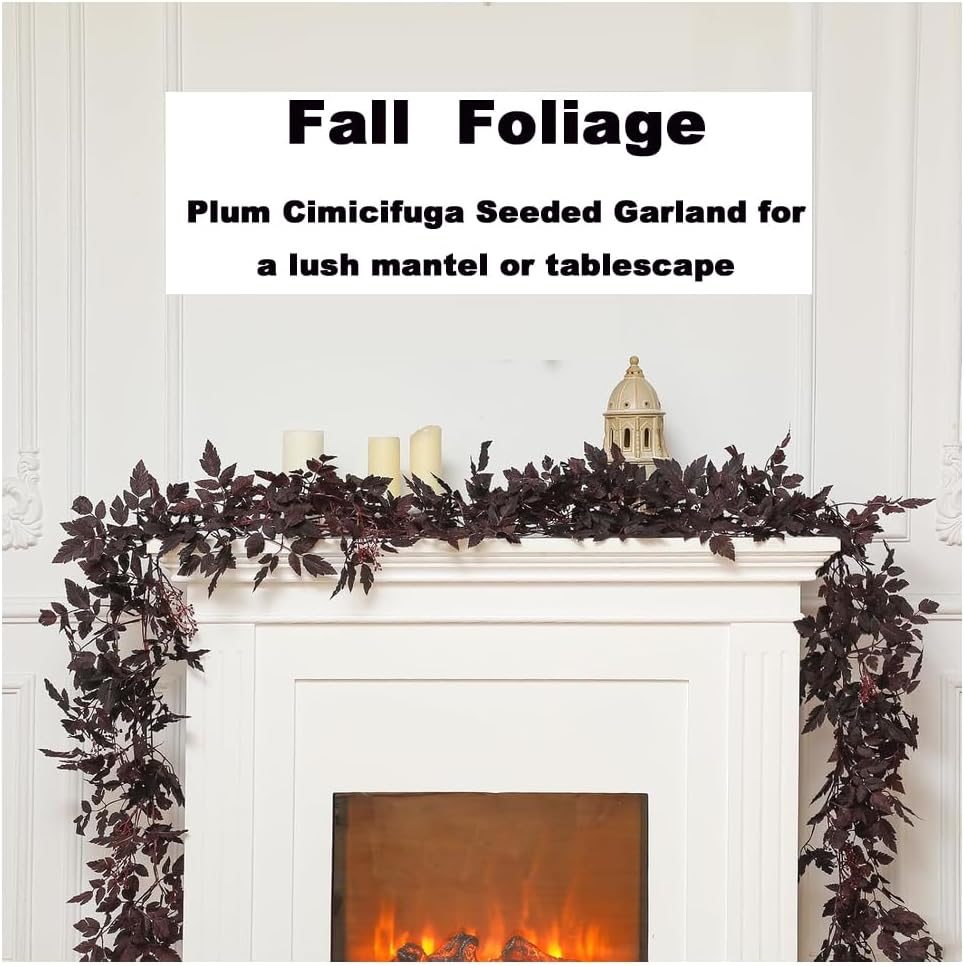 2PC Artificial Plum Cimicifuga Seeded Fall Garland Vine 6Ft Cimicifuga Ramosa Leaf Plant for Halloween Fireplace Mantle Garden Autumn Home Decoration