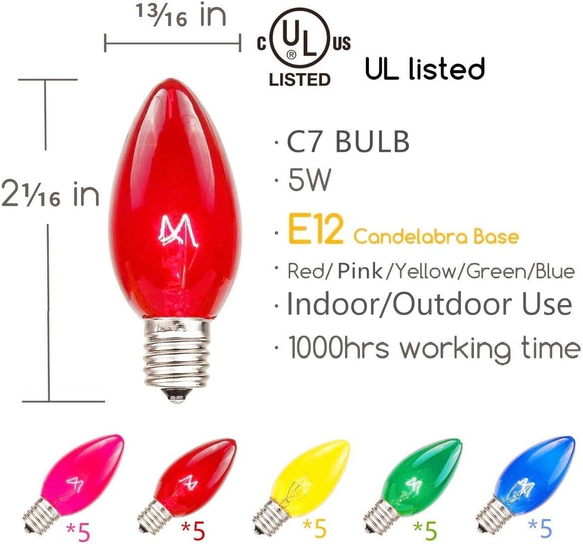 SUNSGNE C7 Multicolor Christmas Replacement Bulbs, Clear Multicolor Incandescent Light Bulbs for C7 Outdoor Patio Christmas String Lights, E12 Candelabra Base, 5 Watt, 25 Pack
