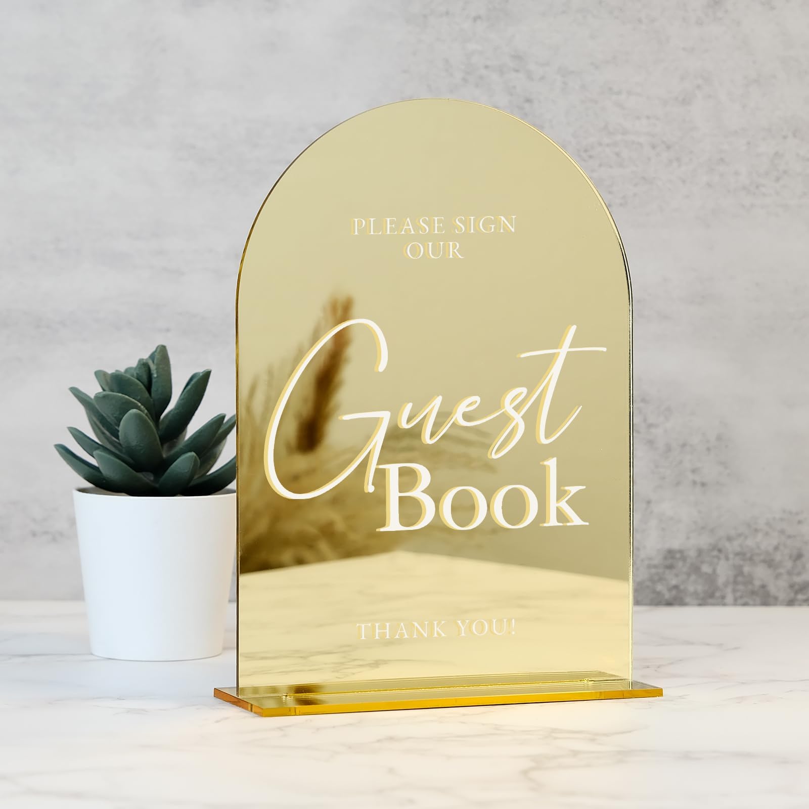 JINMURY Acrylic Wedding Sign with Stand- 5"x7" Gold Mirror Arch Acrylic Guest Book Sign and Base,1/8" Thick | Modern Calligraphy White Lettering Acrylic Arch Sign for Wedding Reception & Party