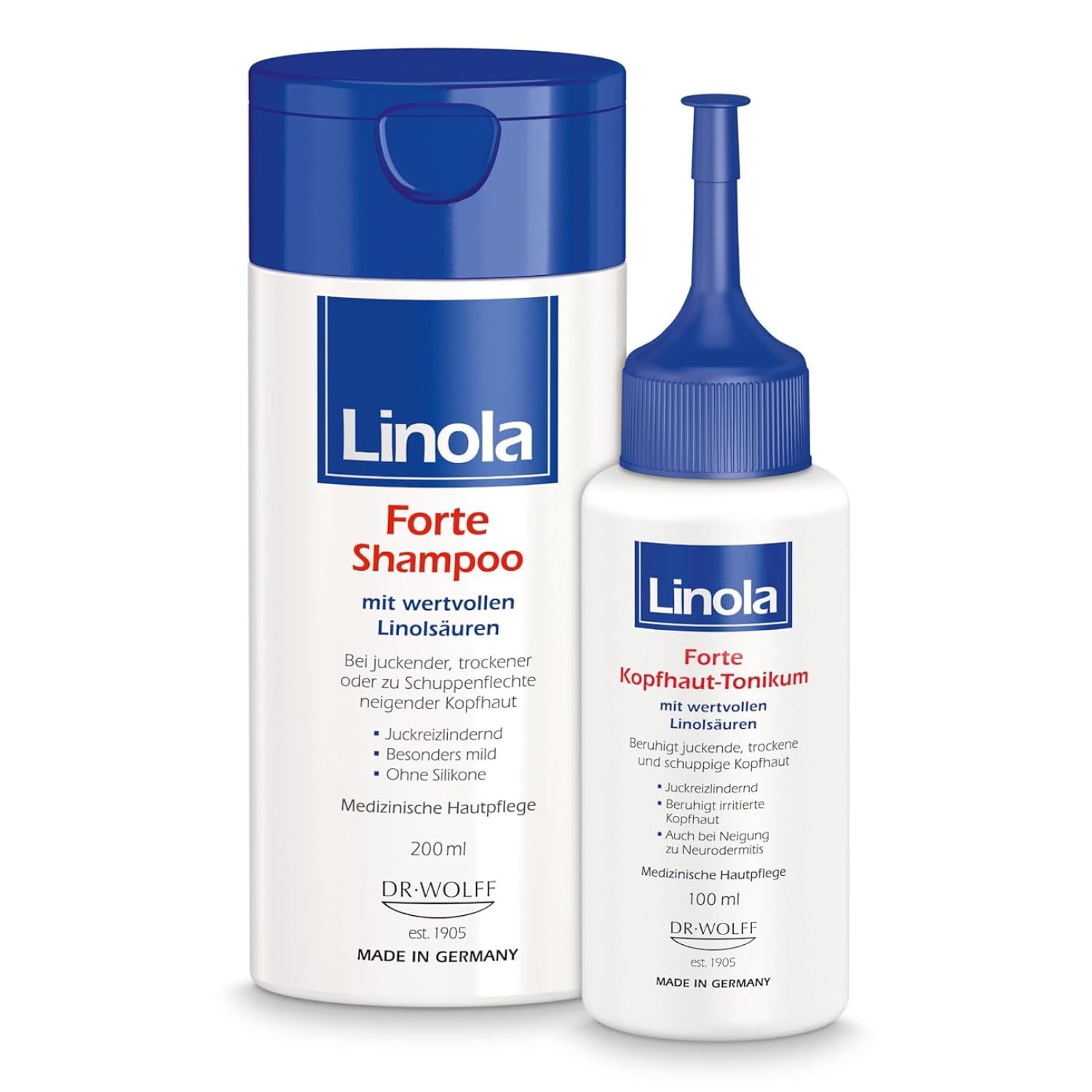 Linola Forte Shampoo + Forte Kopfhaut-Tonikum - 200 ml + 100 ml - Pflege-Set gegen trockene Kopfhaut und Schuppenflechte - Haarshampoo und Haarwasser gegen Juckreiz