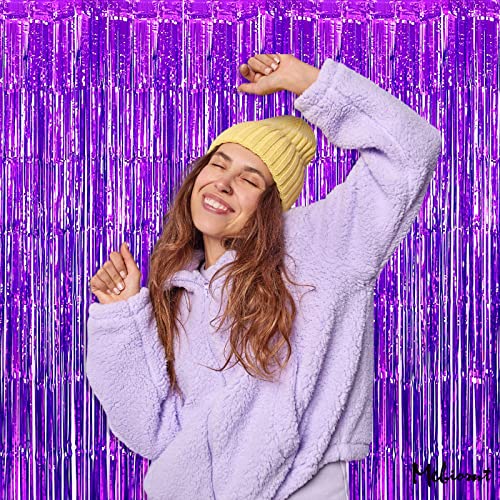 Image of 4 Pack Purple Fringe Curtain Backdrop, 3.2Ft x 6.6Ft Metallic Tinsel Foil Fringe Streamers Curtains Background for Photo Booth Birthday Wedding Baby Shower Party Thanksgiving Christmas Decorations