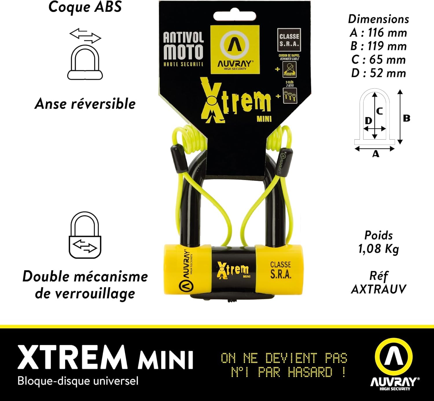 AUVRAY - Antivol moto bloque disque MINI U - BLOCK DISC XTREM MINI - Haute sécurité - Cordon de rappel-Certifié SRA et ART-Recommandé par les assurances-Résistance maximale-Double système verrouillage
