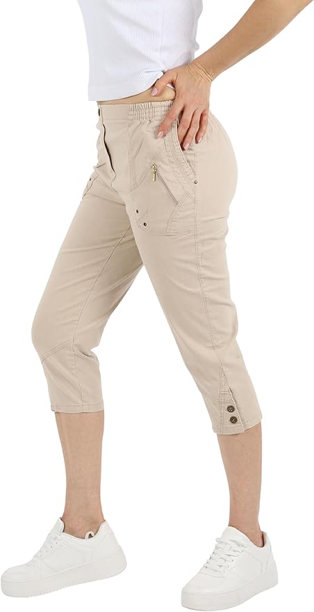 Roskiky Women's Cargo Capri Trousers, High Waist, Relaxed Fit