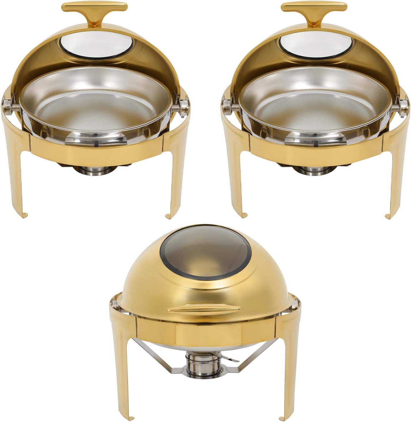 6.34QT Round Chafing Dish Buffet Set, 3 Pack Stainless Steel Buffet Servers and Warmers, Gold Catering Chafer Set with Lid Holder and Fuel Holder, Food Warmers for Parties Weddings (3 Pack)