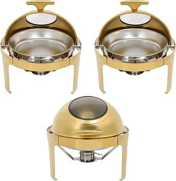 6L Round Gold Chafing Dish Buffet Set, Roll Top Stainless Steel Chafers and Buffet Food Servers and Warmers Sets with Lid for Catering Events Parties Weddings Camping Dinners 3
