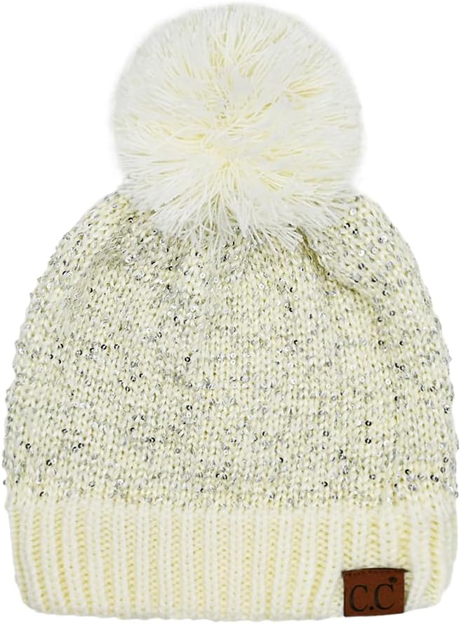 C.C Sequin Pom Beanie for Women - Acrylic Stretchable Soft Warm Knit Winter Skully Hat with Yarn Pom
