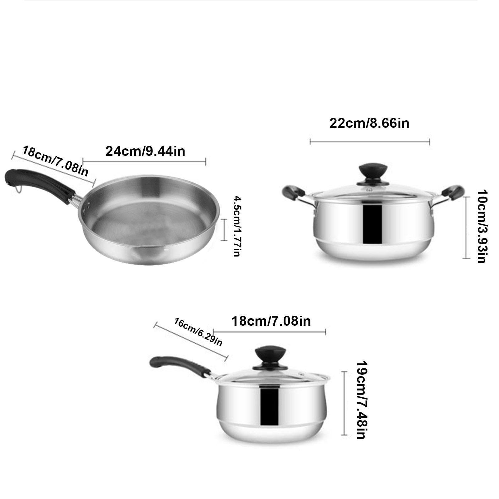 Set di utensili da cucina in acciaio , antiaderenti, 3 pezzi | pentole e padelle antiaderenti con coperchio