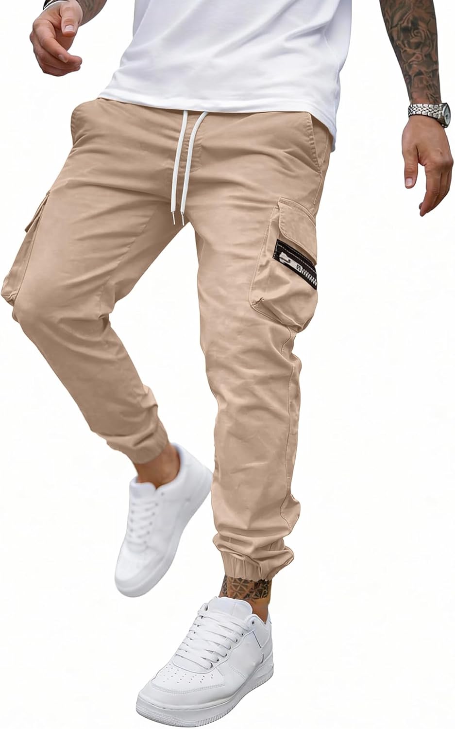 JEMLDL Mens Casual Cargo Joggers Pants—Pure Cotton Chino Pants Drawstring Hiking Outdoor Twill Sweatpants with Zipper Pocket