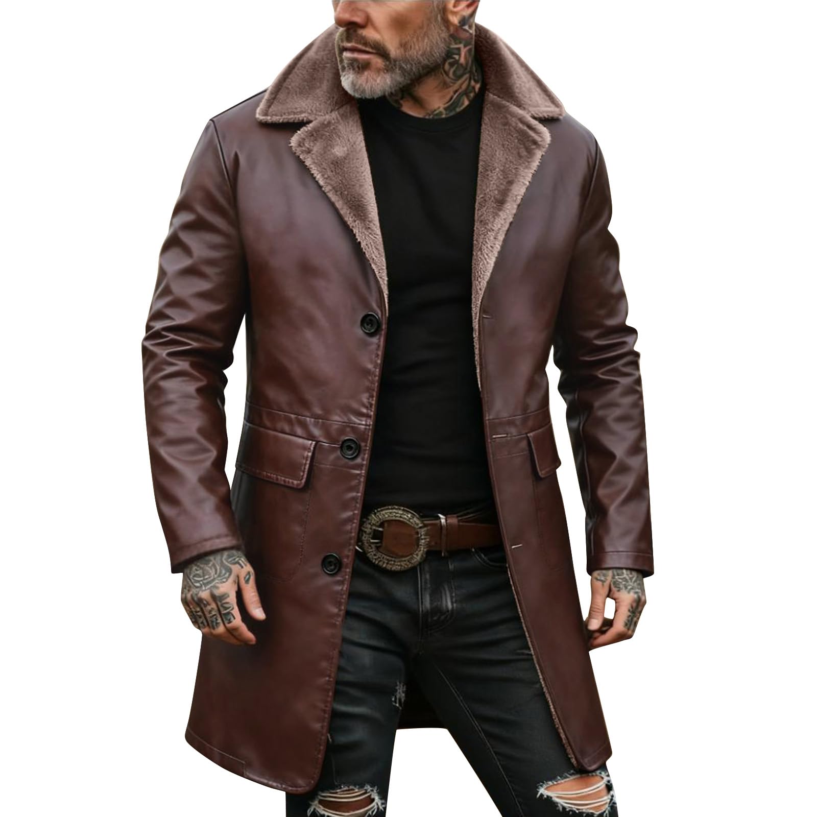 SOOUICKER Mantel Herren Winter Fell Wintermantel Lang Gefüttert Ledermantel Vintage Kunstleder Winterjacke Elegant Warm Trenchcoat Leder Fleece Lederjacke mit Fellkragen