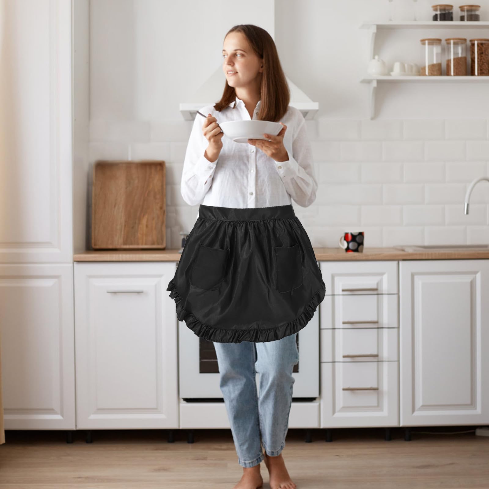 Healvian 10 Pièces Tablier Cuisine à Volants Blanc pour Femmes avec Double Poche, Ajustement Confortable Taille, pour Restaurants Cuisine, Style Élégant et Mignon