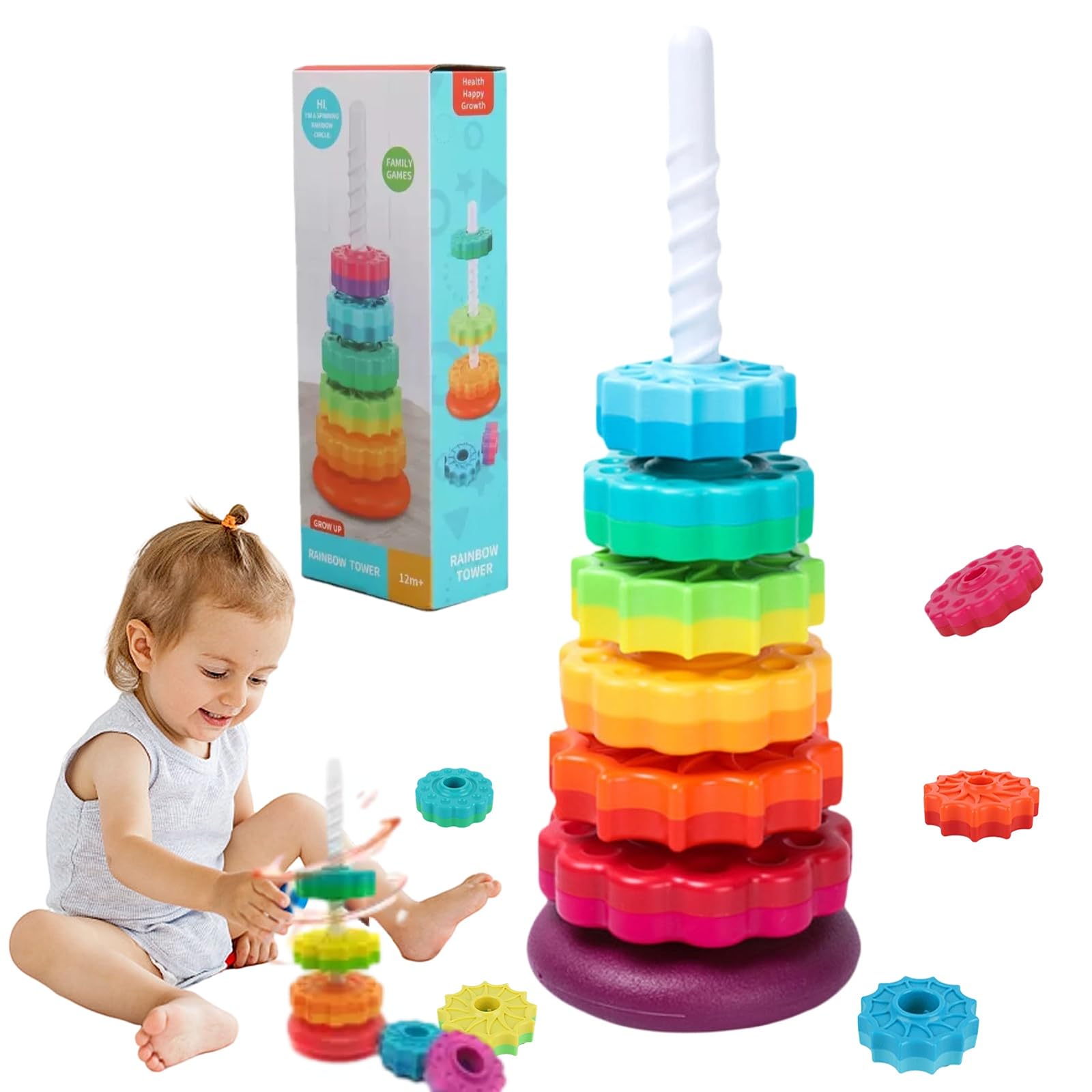 SPEPROECO Baby Spinning Stacking Toy,Rainbow Rings Stacker Toy Baby Sensory Spin Gears Toy,Montessori Toys Baby Fine Motor Skills Early Educational Learning Toy for Girls and Boys 12+ Months