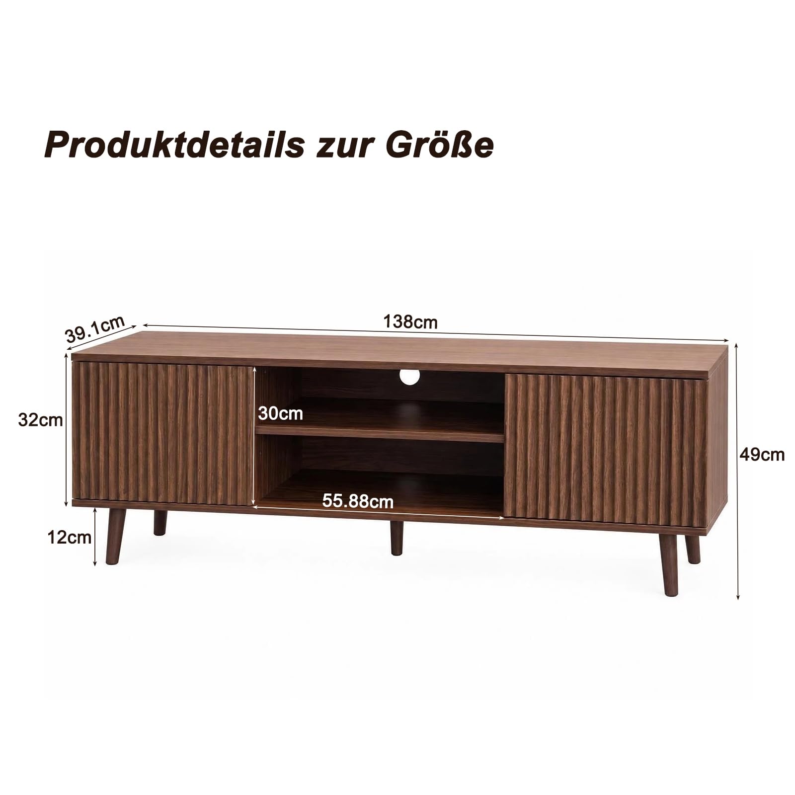 HAINEW Mobile TV basso con 2 ante, noce, 138 x 39 x 49 cm, D26082709