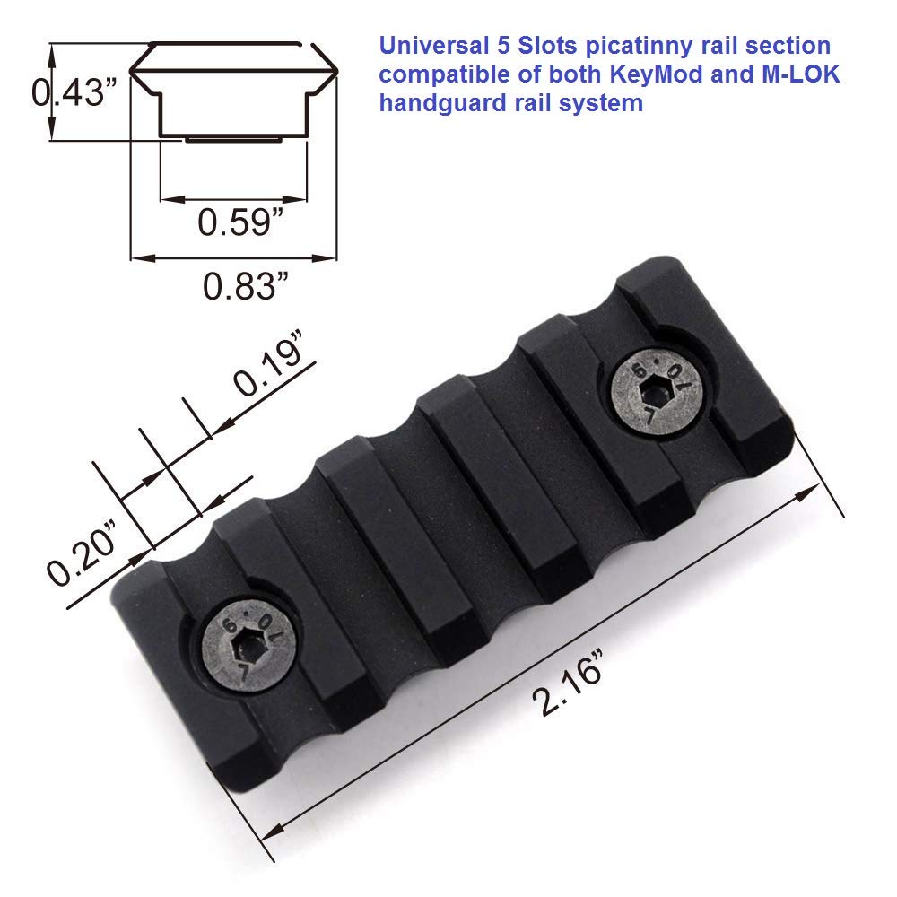 2-Pack Trirock Universal 5 Slots(2.2 Inch) & 7 slots(2.95 Inch) picatinny rail section with dual interface compatible of both KeyMod and M-LOK handguard rail system- Black