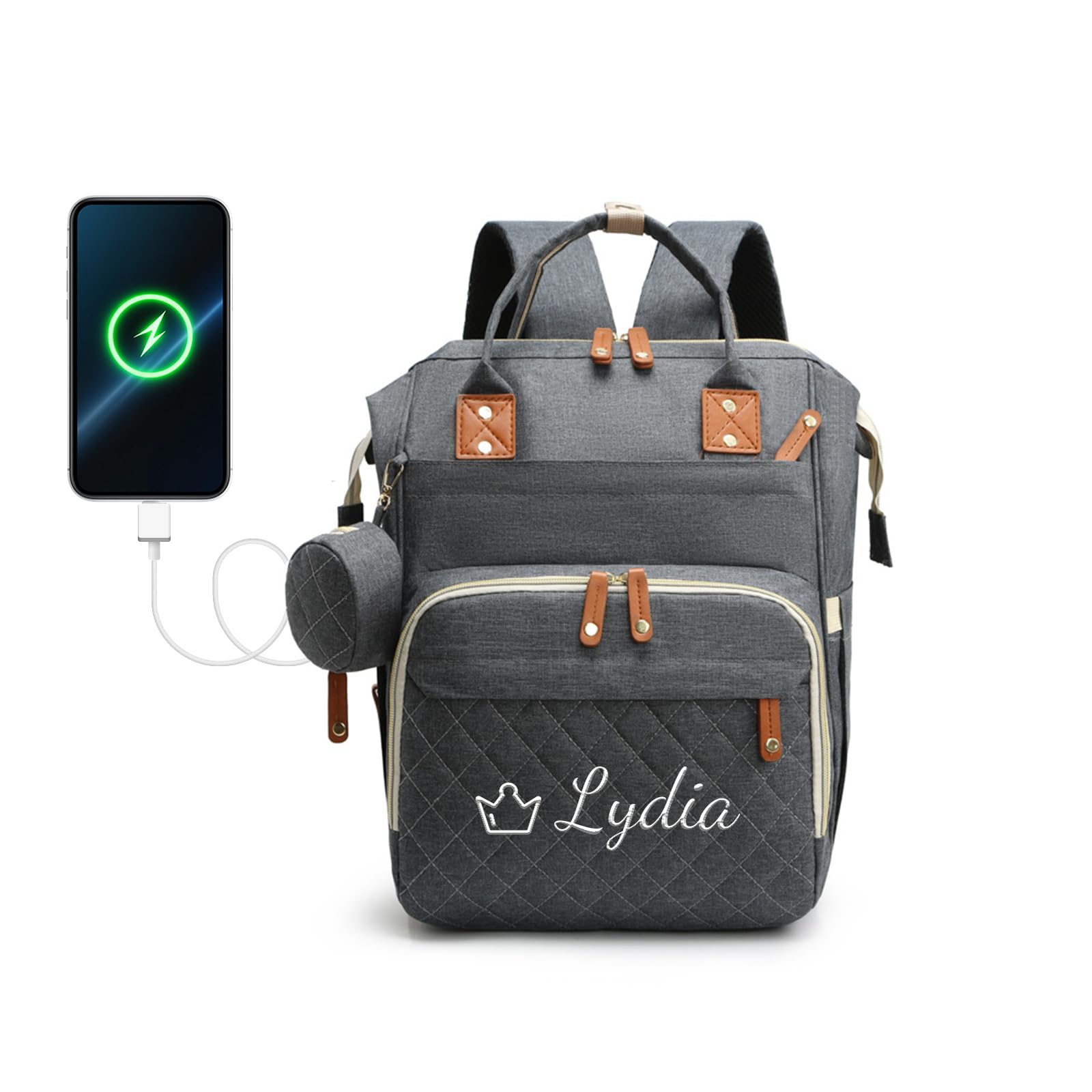 Personalized Changing Bag, Embroidered Baby Changing Bags with Custom Text, Water Resistant Baby Bag, Nappy Changing Backpacks with 17 Pockets, 20L Large Diaper Bag for Mom and Dad (Dark Grey)
