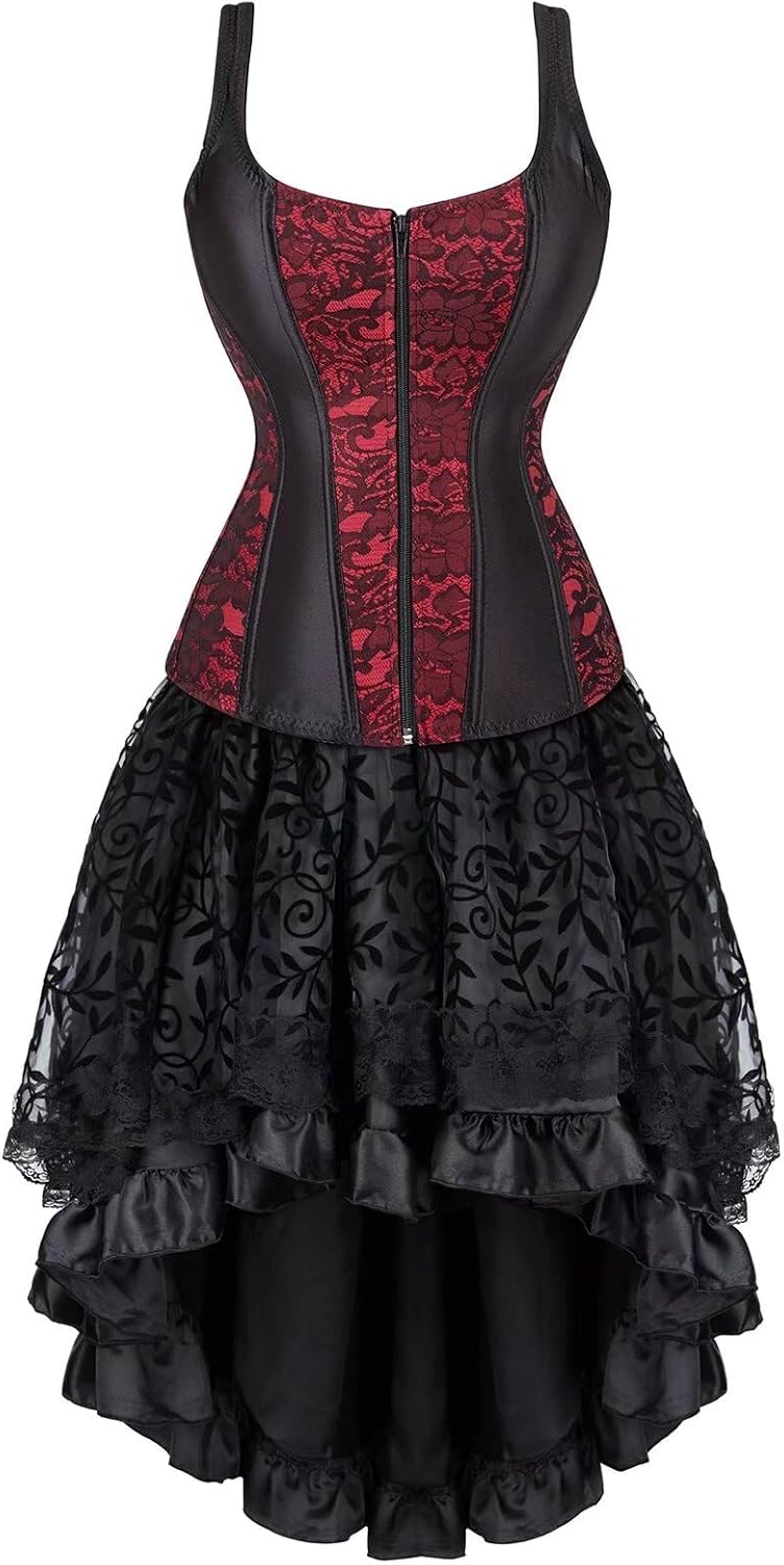 Corset Dress Skirt Set Zipper Bustier Straps Plus Size Gothic Brocade Lace Gothic Bustier Costume