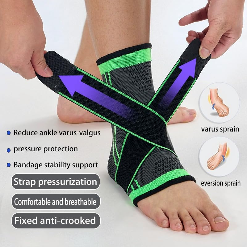 Ankle Brace Compression Support Sleeve with Adjustable Strap Men & Women For Injury Recovery Joint Pain Relief & Sports Protection 2 pcs (Green-1pc, L)