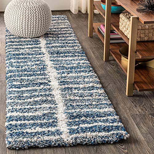 JONATHAN Y Merida Stacked Grid Shag Indigo Blue/Ivory 2 ft. x 8 ft. Runner Rug, Bohemian, Easy Cleaning, For Bedroom, Kitchen, Living Room, Non Shedding