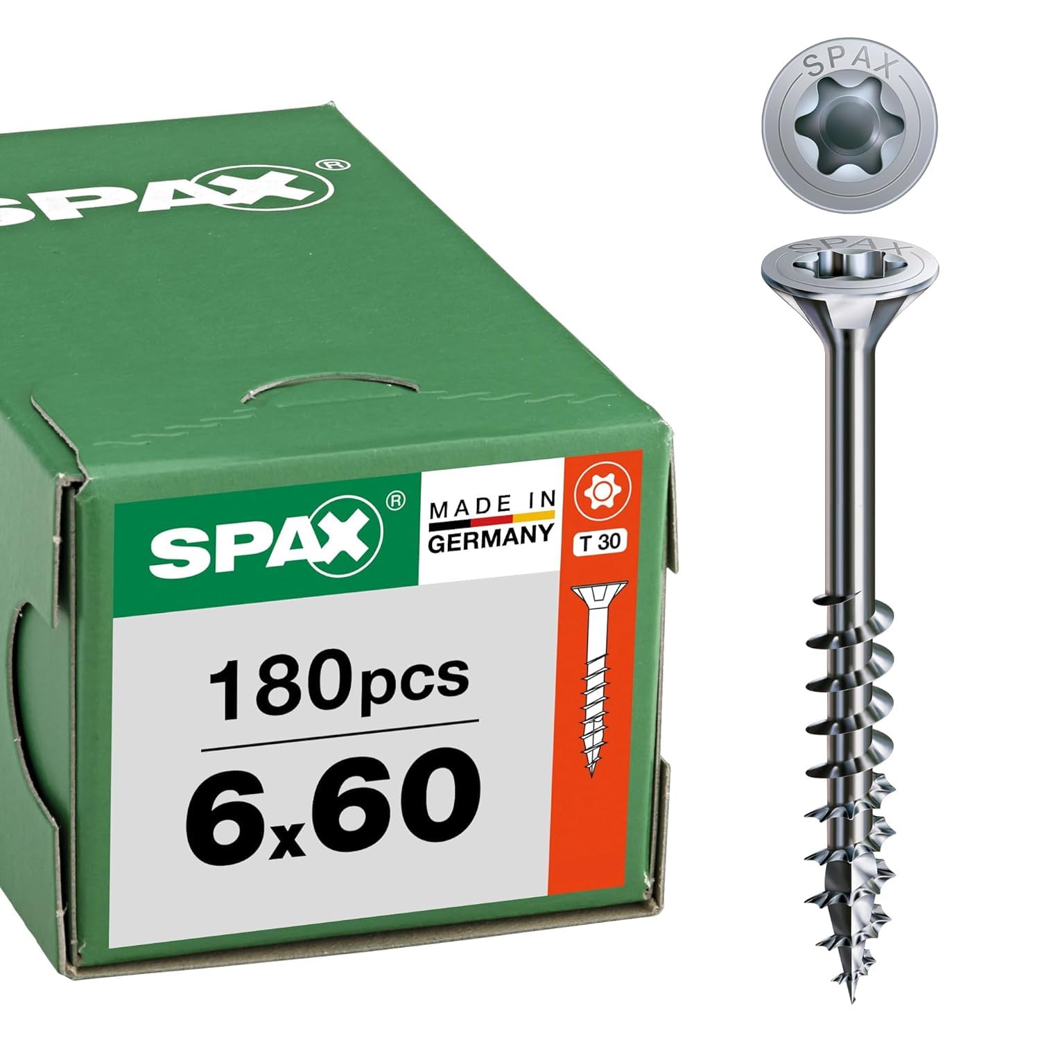 SPAX Universalschraube 6 x 60 mm, 180 Stück - Holzschrauben, Teilgewinde, Senkkopf, T-STAR plus T30, 4CUT Spitze, WIROX Beschichtung - 8000000277054