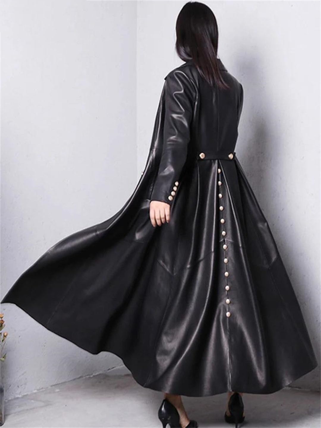 Women Skirted Leather Trench Coat For Double Breasted Elegant