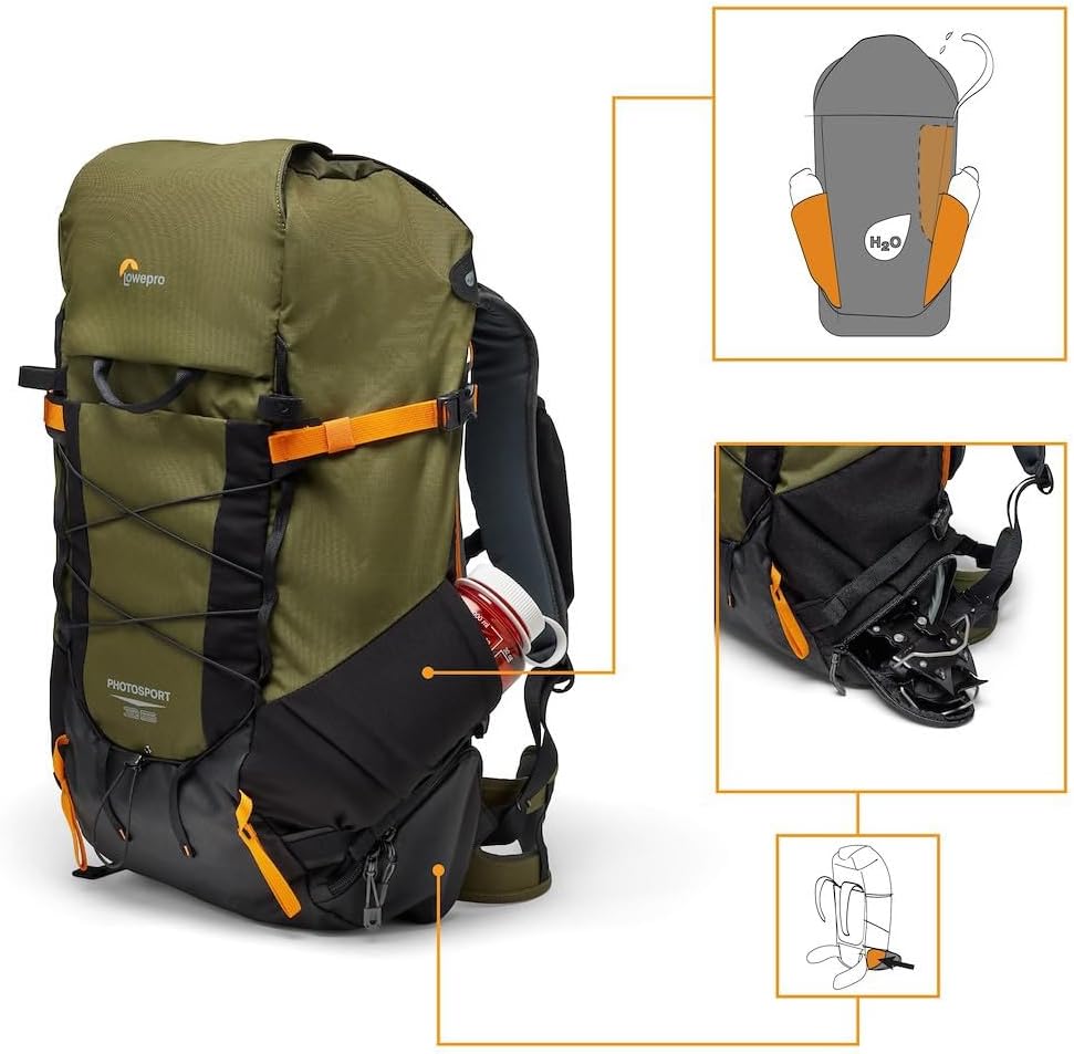 Lowepro PhotoSport X Backpack 35L AW with Recycled Fabrics, Camera Backpack for Reflex and Mirrorless, Rear Access, Mountaneering Dedicated Features, Size M/L, Dark Grey/Green