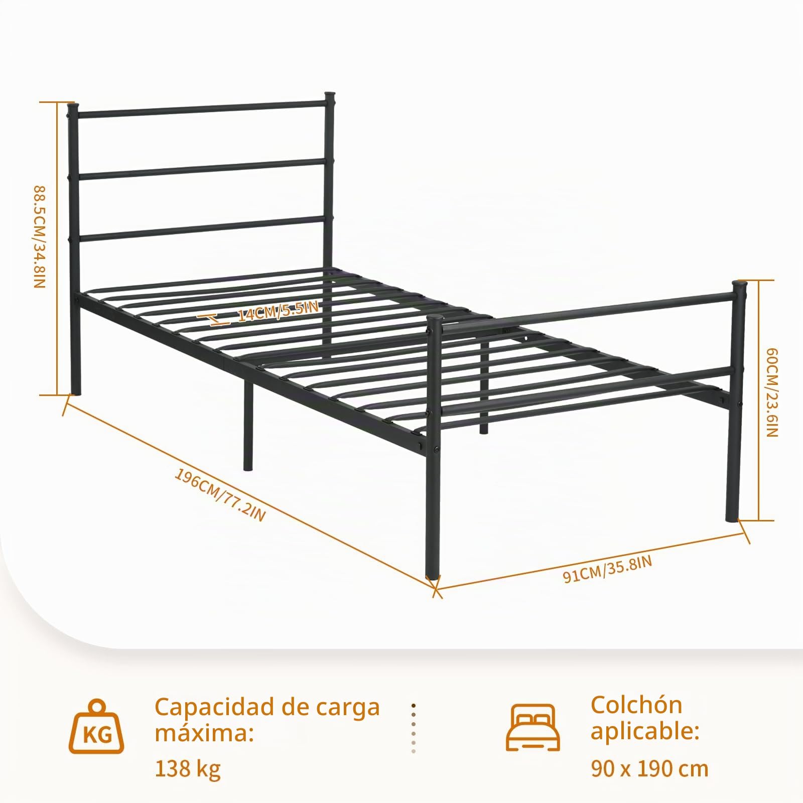 Estructura de cama de metal | cama individual moderna juvenil con somier para dormitorio o habitación de invitados | 90 x 190 cm | negro