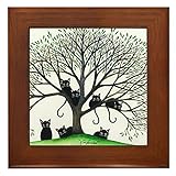CafePress Borders Black Cats in Tree Framed Tile, Decorative Tile Wall Hanging