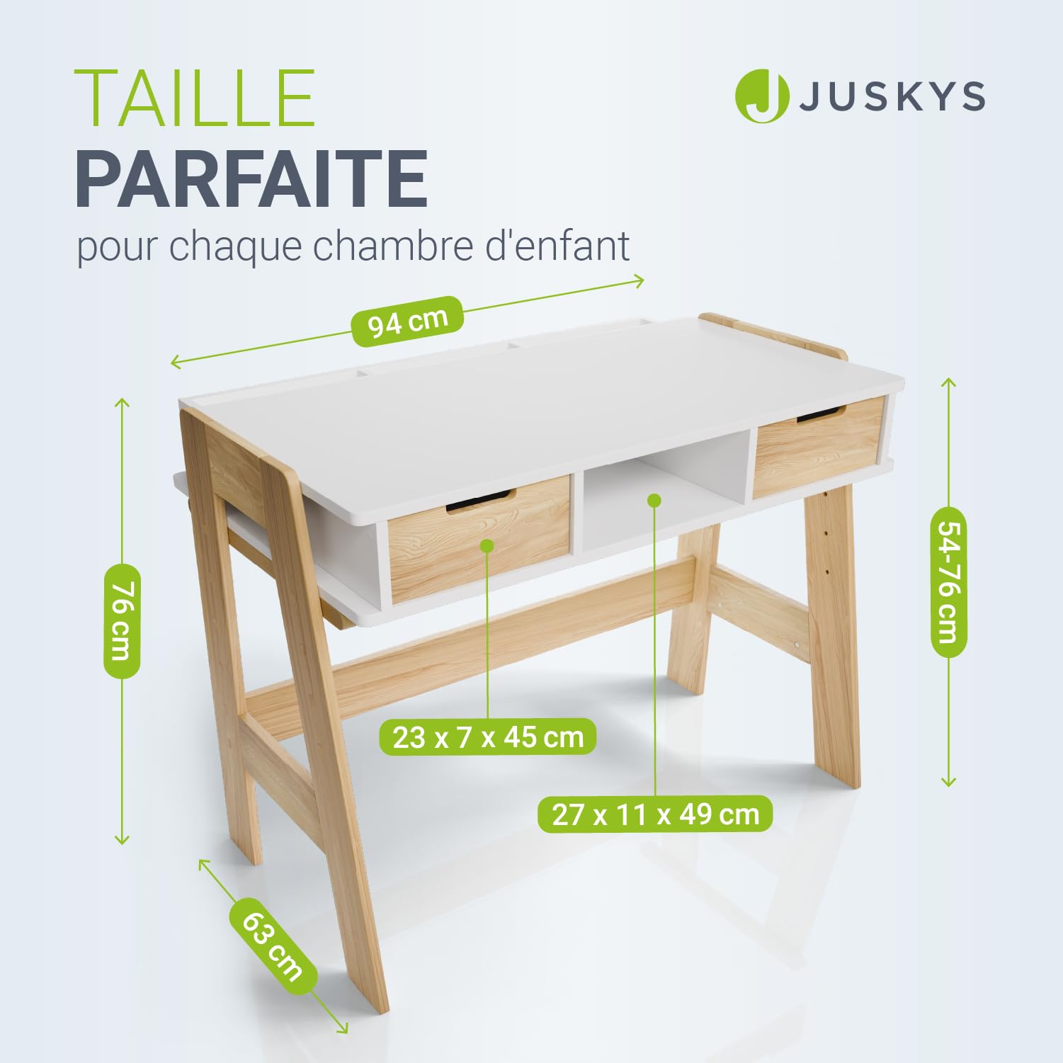 Juskys Bureau Enfant Fietje Bureau Réglable en Hauteur 2 Tiroirs Matériau Robuste Antirayures Grand Espace de Rangement