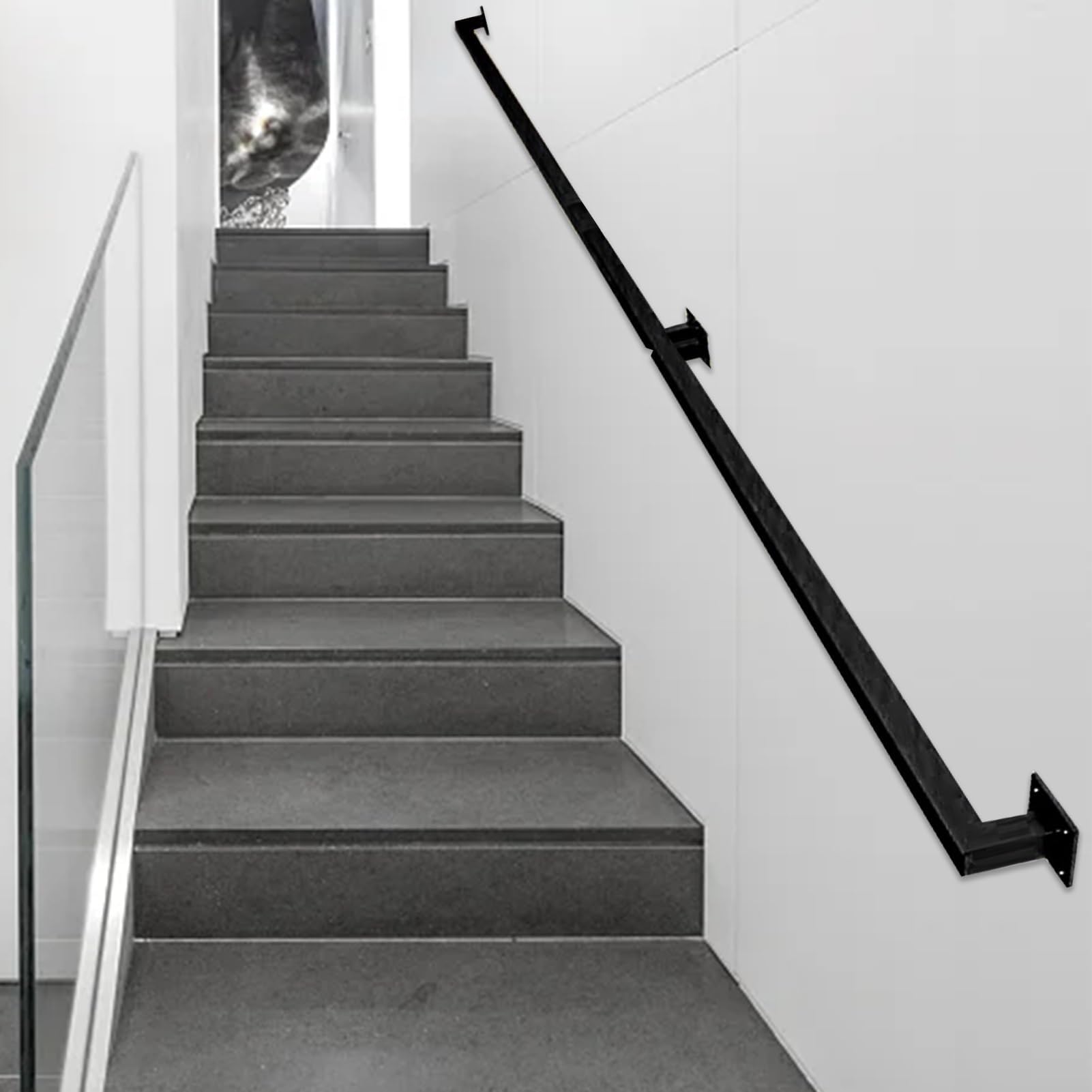 Wall Handrails 30 Cm - 600 for Stairs, Black Metal Square Pipe Mount Stair Railing-Safety Non-Slip Baluster, Complete Kit(9ft/270cm)