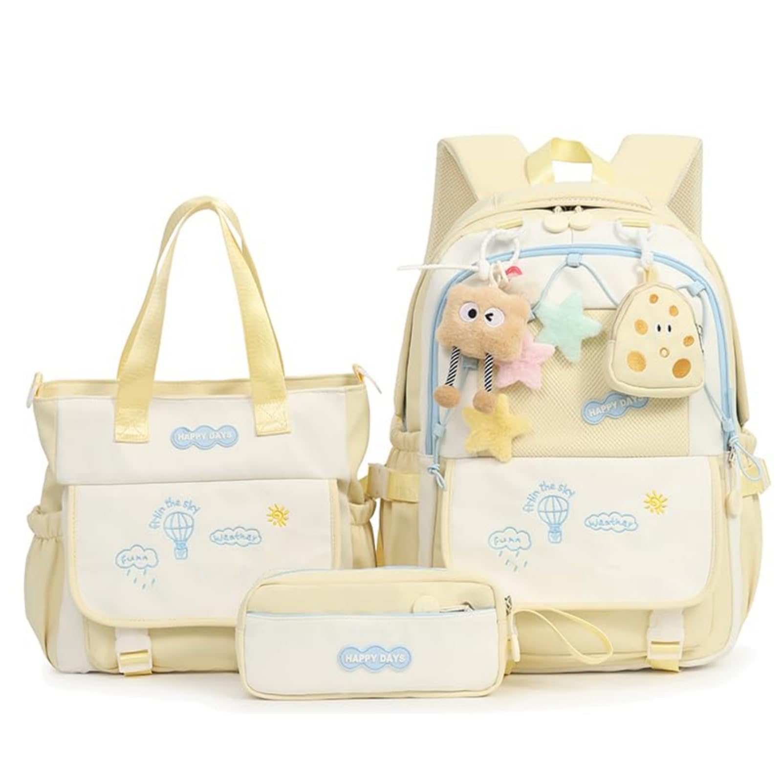 Mochila Escolar Niña Adolescente, Conjunto de Bolsos Escolares con Bandolera y Estuche, Gran Capacidad, Diseño Kawaii,3 Piezas para Adolescentes, Primaria y Secundaria (Yellow)