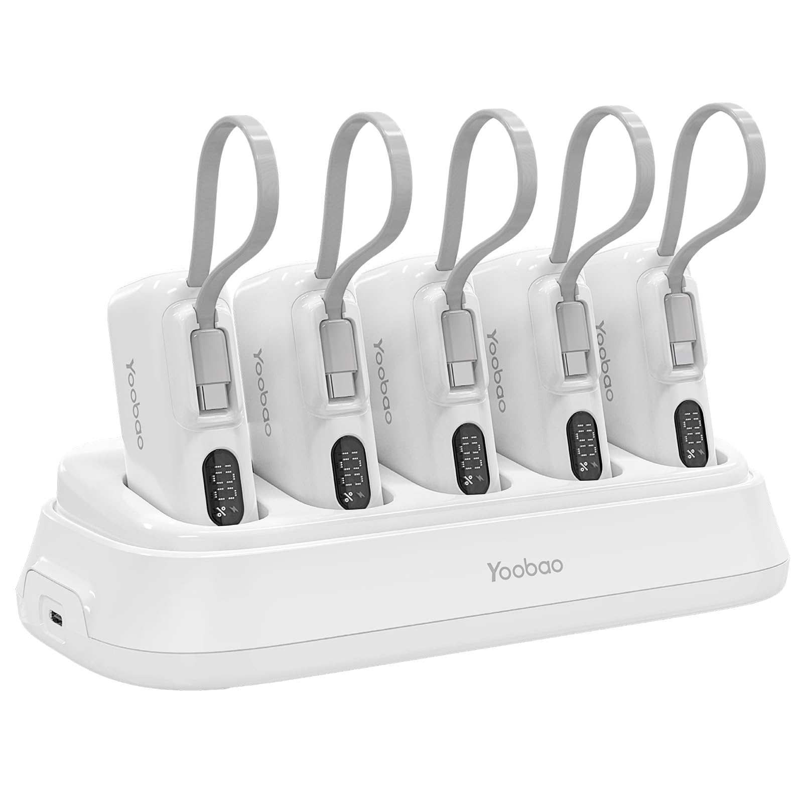 Yoobao Portable Charging Station with Small Power Bank 5 Pack Built-in USB C Cable 5000mAh, Family Shared Portable Charger PD20W Fast Charging for iPhone 15 16, Charging Dock for Restaurant Pub Party